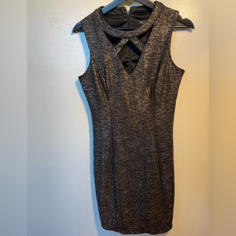GUESS Women's Size 10 Black/Gold Glitter Bodycon Short Sleeveless Dress